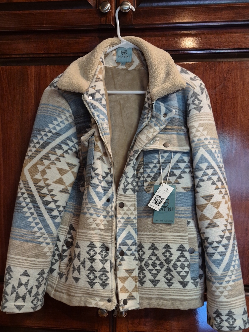 PLATINI Aztec Print Sherpa-Lined Jacket in Blue & Tan Xl - Picture 2 of 5